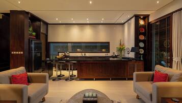 Fridge, stovetop, espresso maker, coffee/tea maker