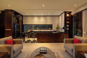 Fridge, stovetop, espresso maker, coffee/tea maker