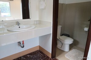 A bathroom with a white sink, mirror, and toilet. - Villa de Sierra Vista (Puerto Princesa)