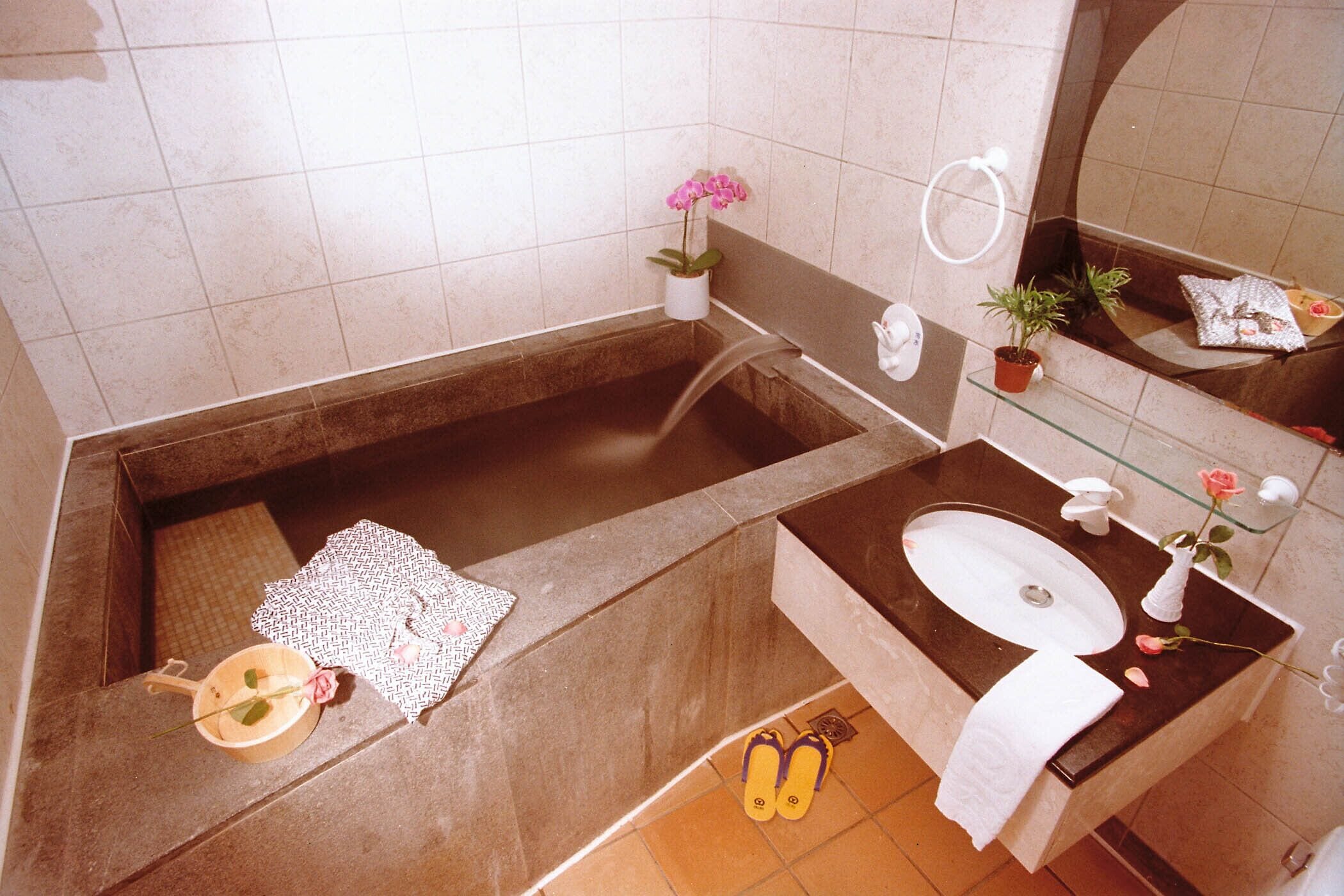 Een badkamer met een bad, een wastafel, een spiegel, een handdoek, een potplant en een paar slippers.