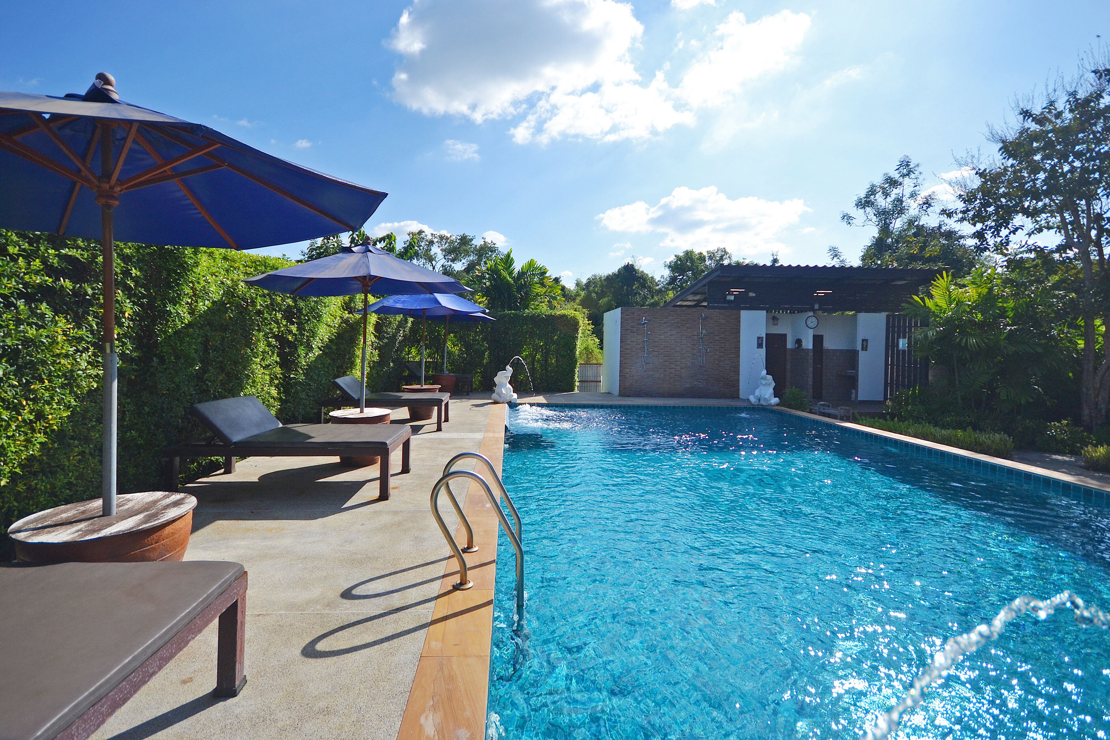 室外游泳池，日光浴躺椅