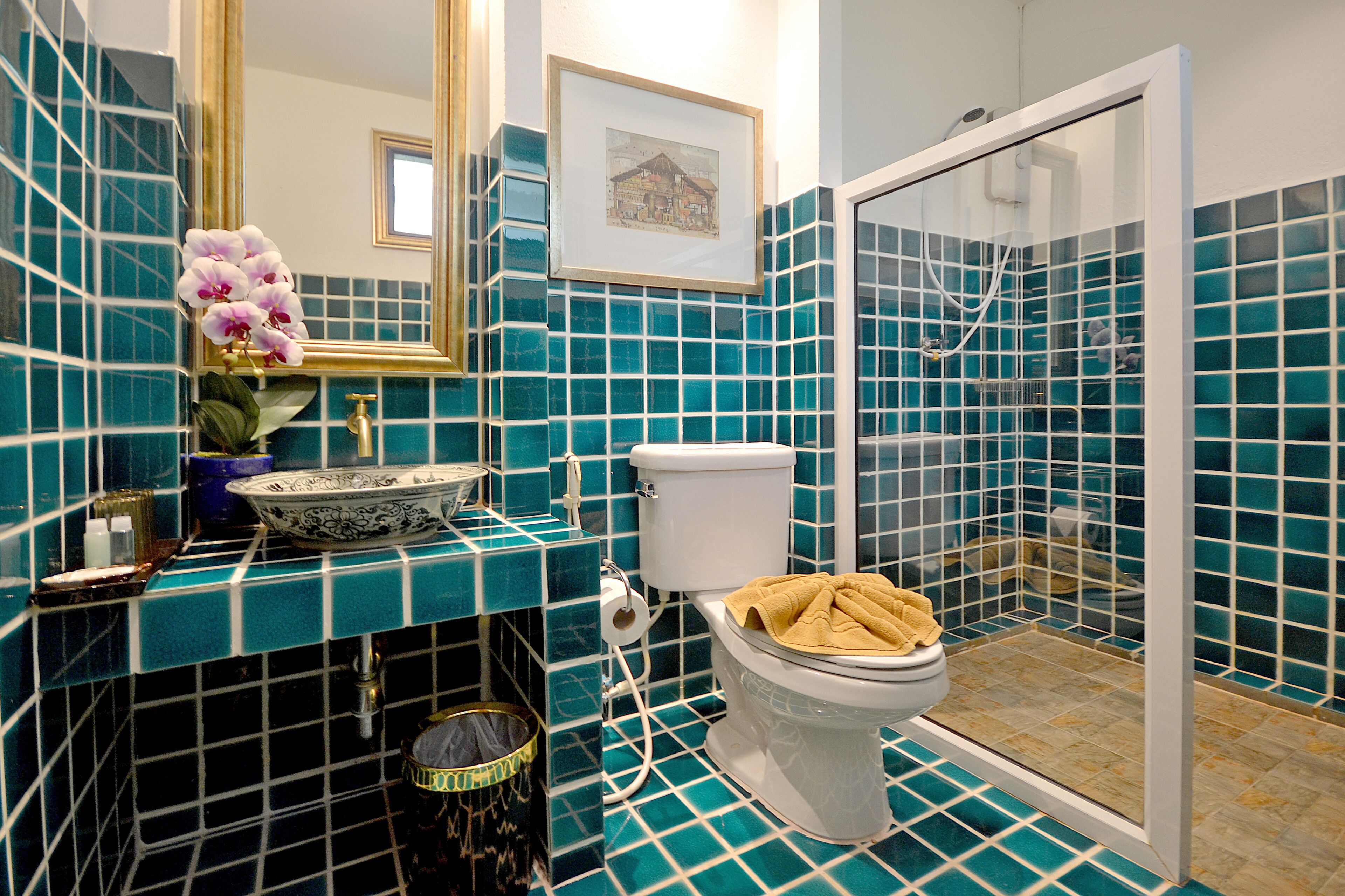 shower, free toiletries, hair dryer, towels