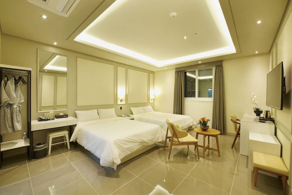 A hotel room with two beds, a desk, a chair, a TV, and a small table with a plant.