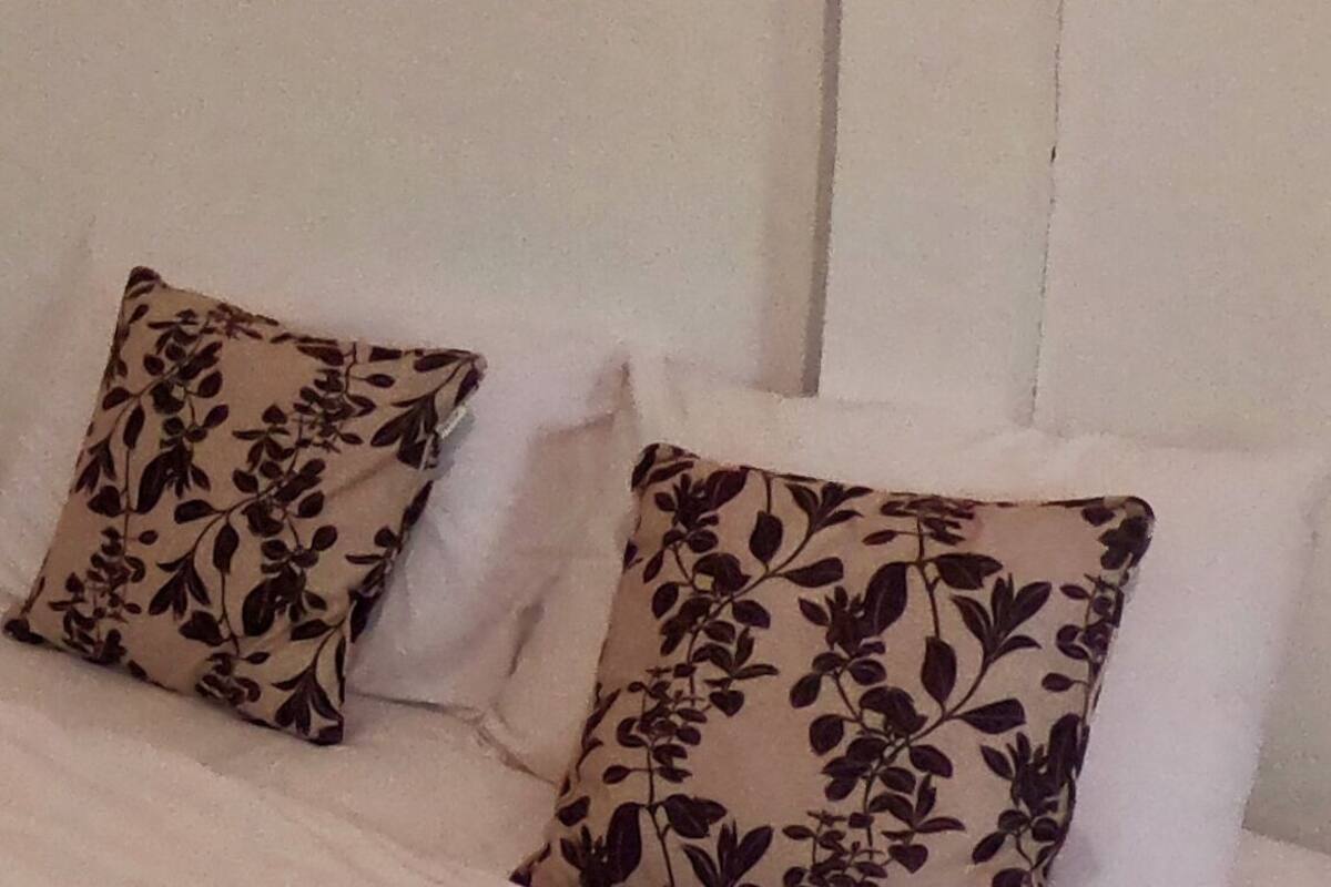 A room with a bed, two pillows with a floral pattern, and a large green plant on the wall.