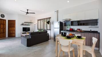 Villa, 2 Bedrooms, Beachfront | Private kitchen | Full-size fridge, microwave, stovetop, coffee/tea maker