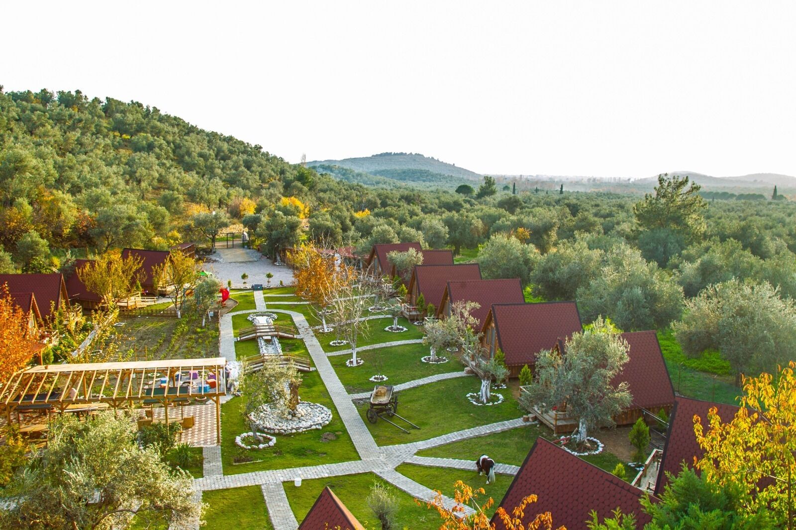 A resort with multiple red-roofed cottages, a central pathway, and a lush green landscape.