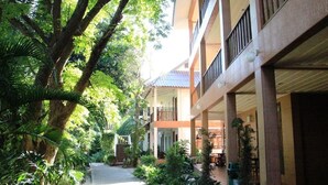 Un patio con un sendero rodeado de abundante vegetación y un edificio con varios balcones.