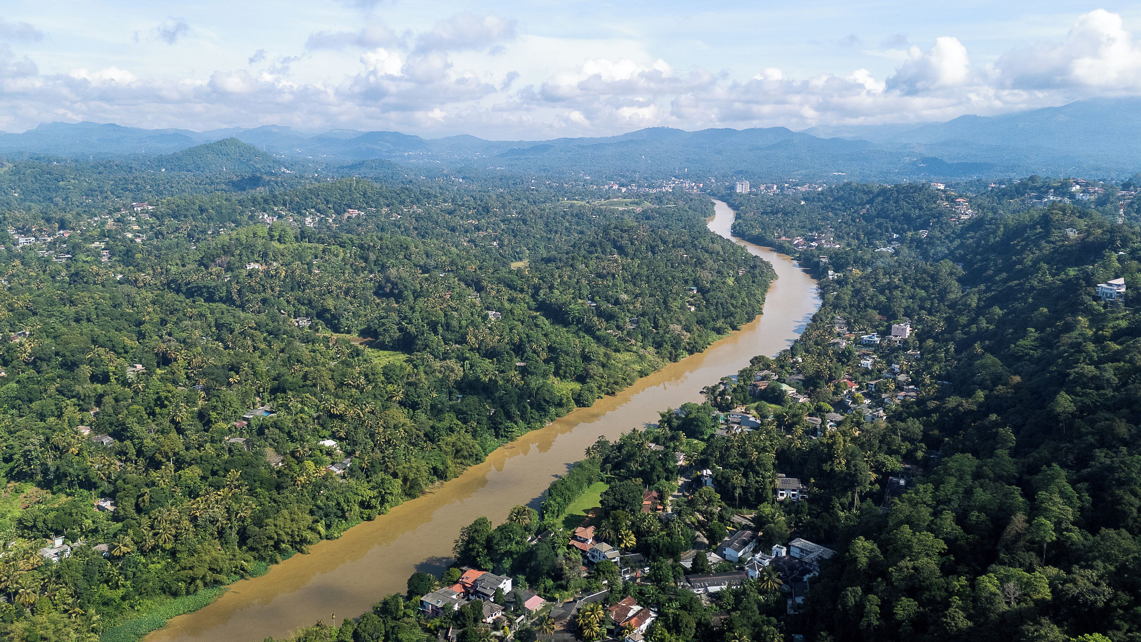 An aerial view of a river winding through a densely forested area with scattered houses.