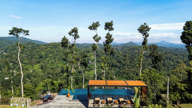 A pool area with a wooden deck, lounge chairs, and a view of a lush forest and mountains in the background. - The Elephant Stables (Kandy)
