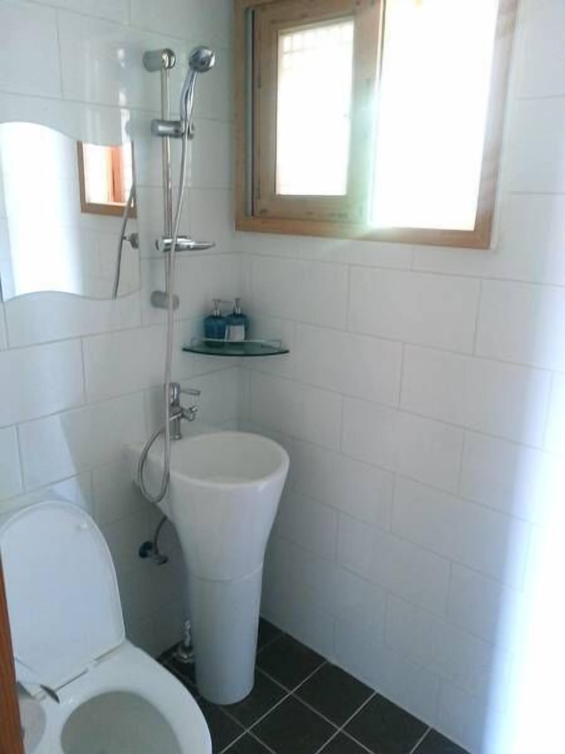 Shower, hair dryer, towels, shampoo