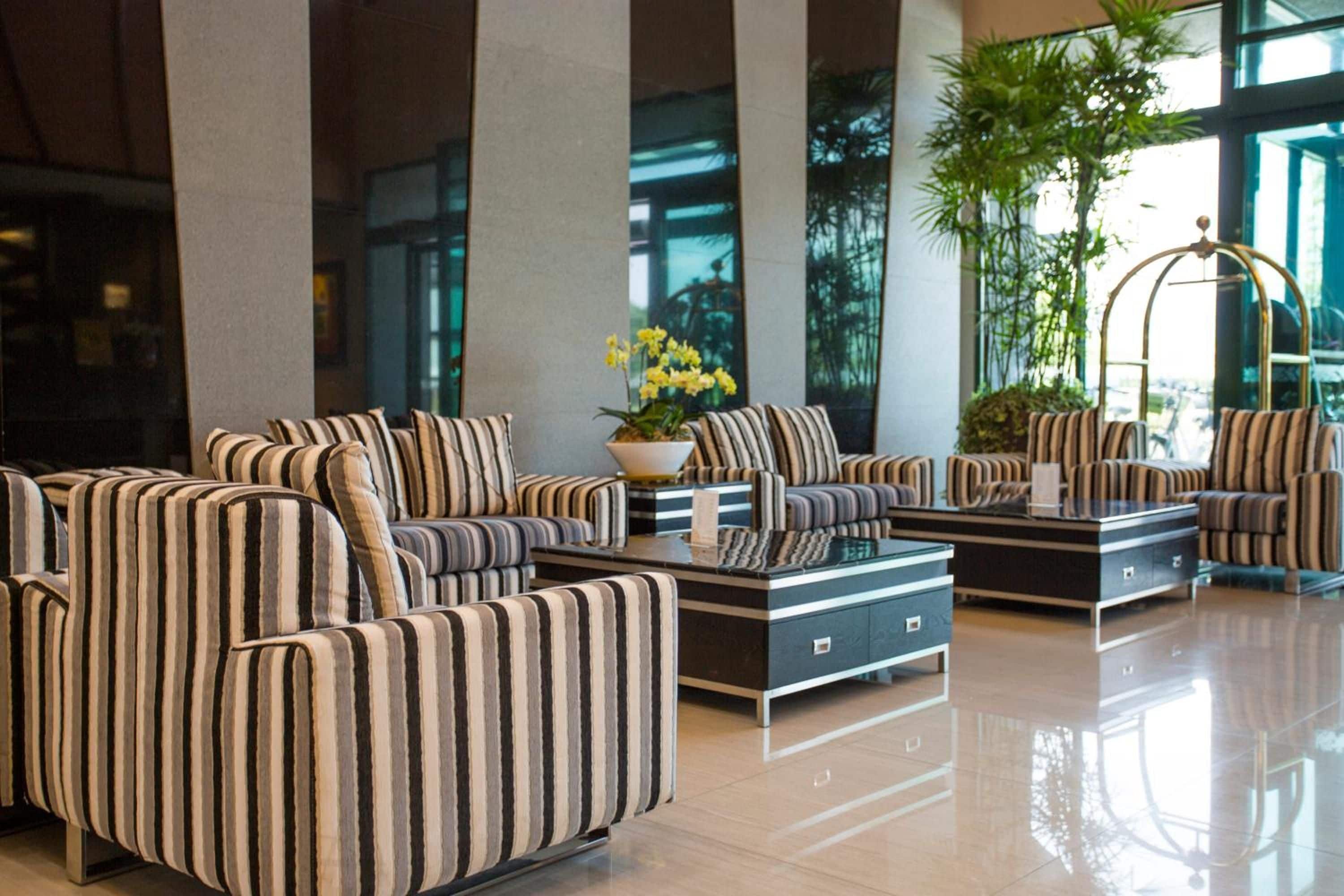 A modern lobby with striped sofas, a coffee table, and a potted plant.