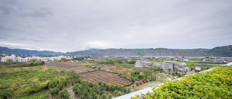 Un paisaje con edificios, campos y montañas lejanas.