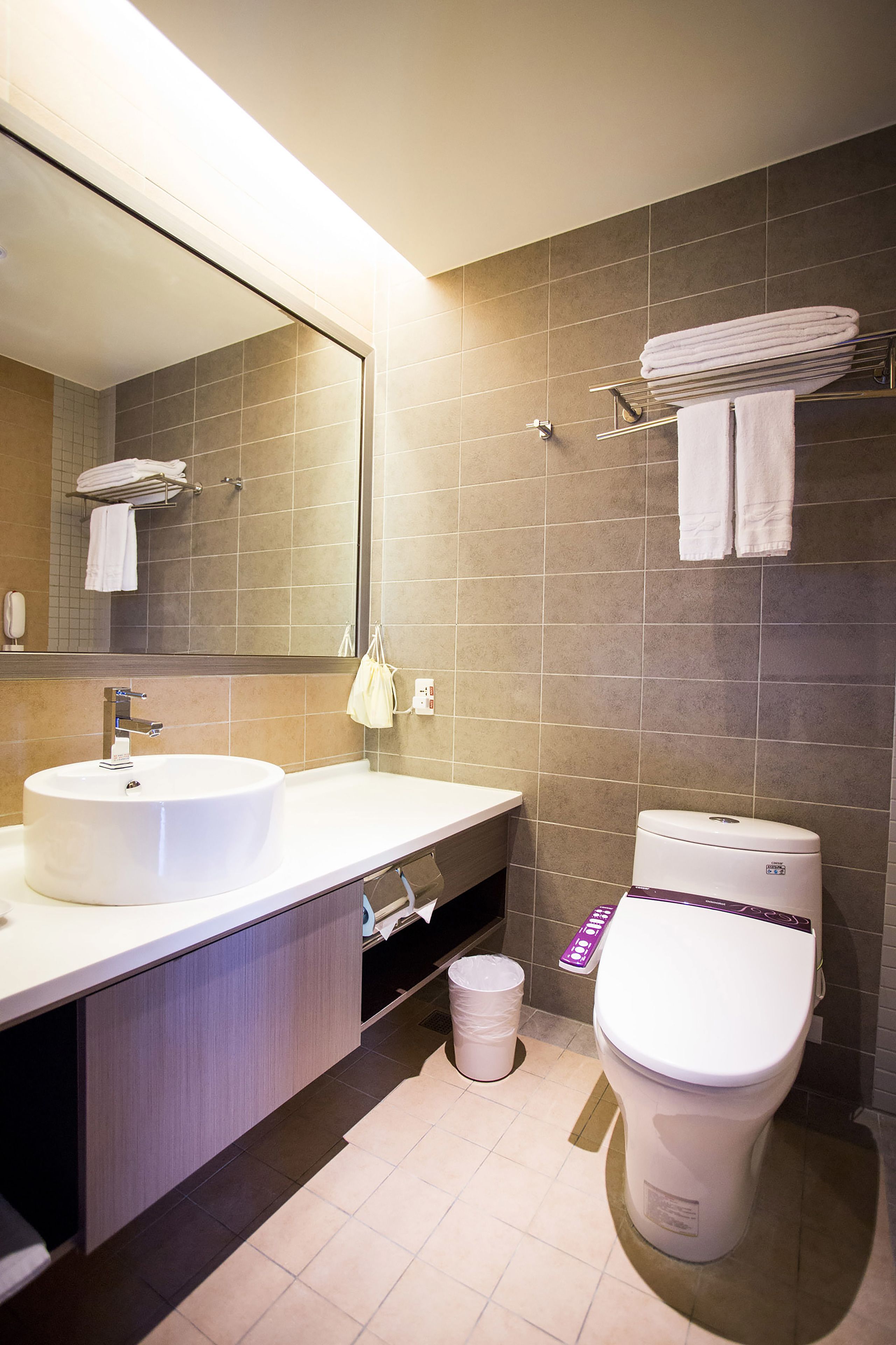 Une salle de bain moderne avec un grand lavabo, un miroir et des toilettes.