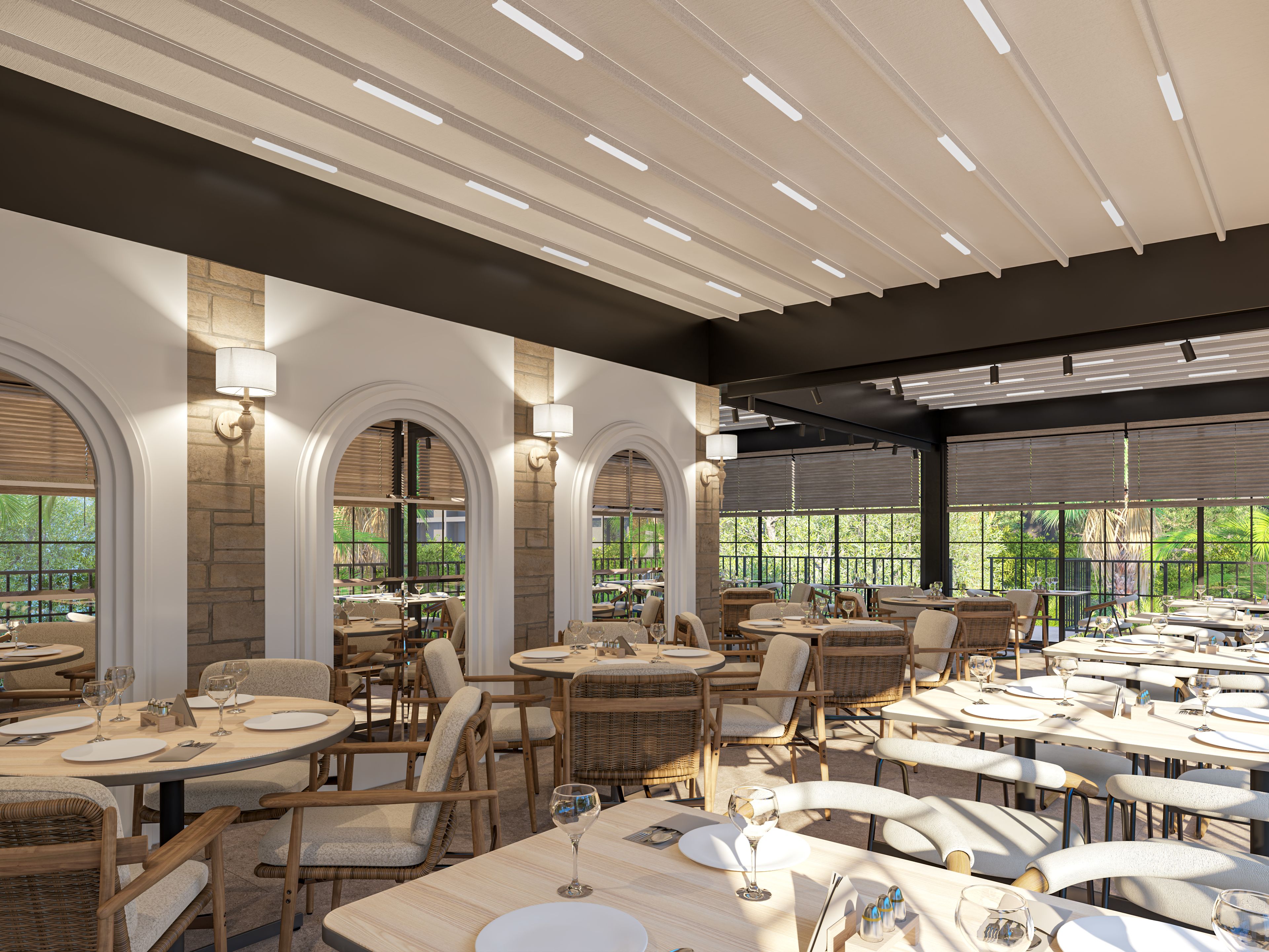 A spacious restaurant with multiple tables and chairs, large windows, and a modern ceiling design.