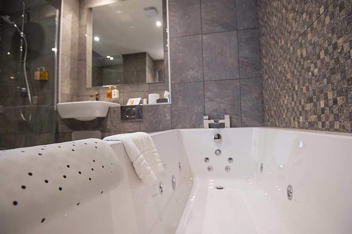 hair dryer, towels, soap, shampoo