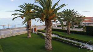 A well-maintained garden with palm trees, a stone wall, and a view of the sea. - Nefeli Studios (Dorida)