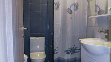 Bagno con doccia, WC, lavandino e divisorio in vetro.