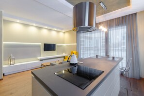 Comfort Apartment, 1 Bedroom, Living Room, Kitchen, Terrace (for 4 people) | Private kitchen | Full-size fridge, microwave, oven, stovetop