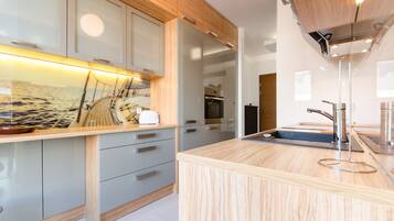 Comfort Apartment, 1 Bedroom, Living Room, Kitchen, Terrace (for 4 people) | Private kitchen | Full-sized fridge, microwave, oven, stovetop