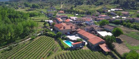 A rural village with houses, vineyards, and a swimming pool.