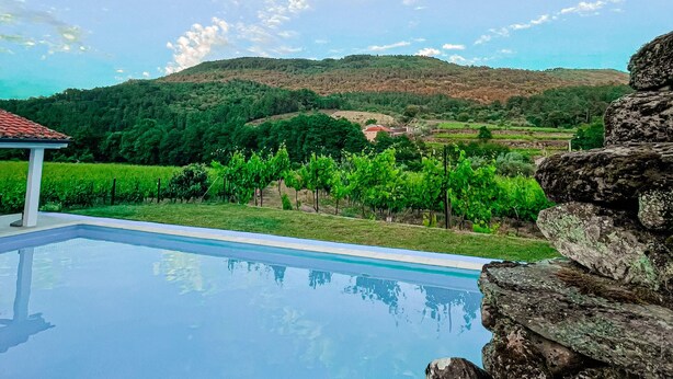 A swimming pool with a view of vineyards and hills in the background. - Casa Grande do Seixo (Chaves)