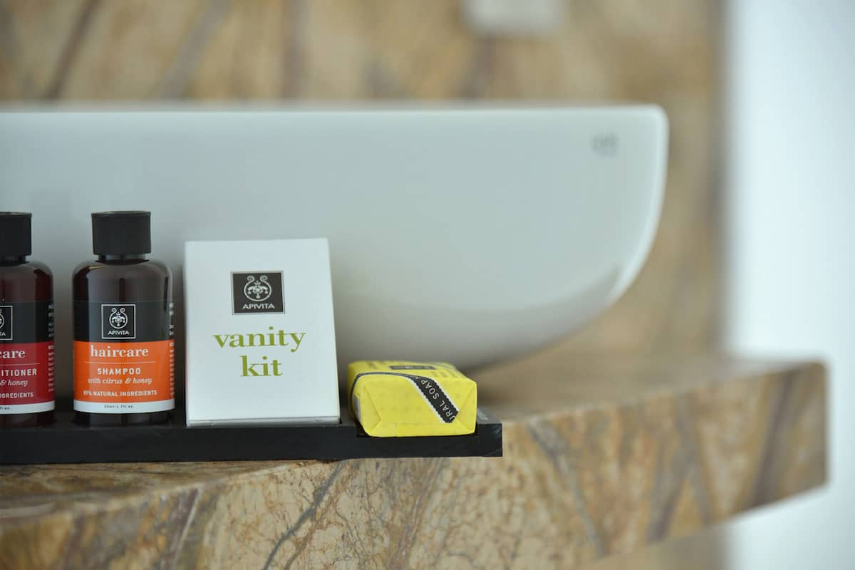 standard double room | bathroom | designer toiletries, hair dryer, towels, soap