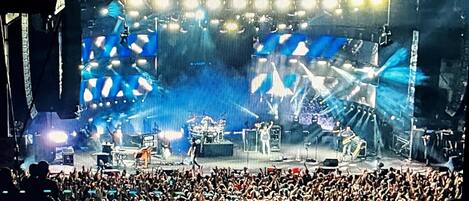 Une scène de concert avec une foule nombreuse au premier plan.