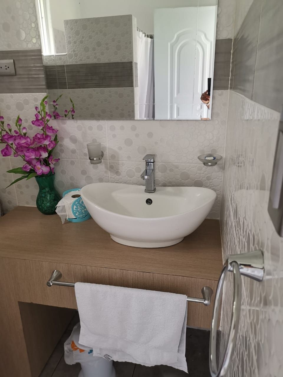 Une salle de bain avec un lavabo blanc, un miroir, un porte-serviettes et un vase avec des fleurs.