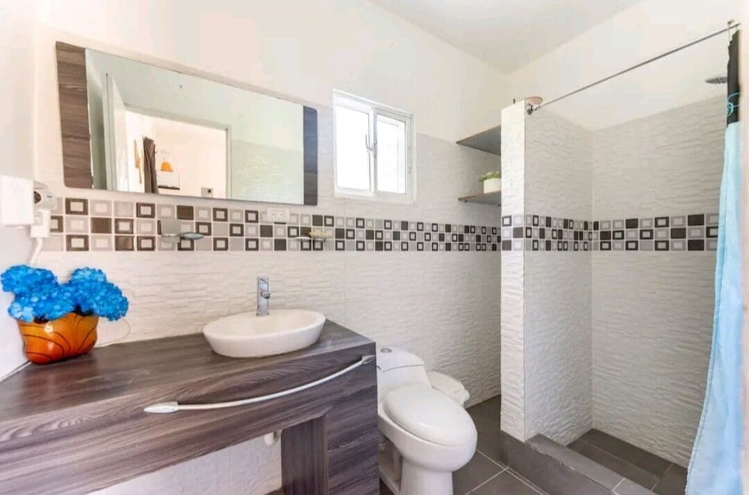 Une salle de bain avec un lavabo blanc, des toilettes, une douche avec un rideau et un miroir au-dessus du lavabo.