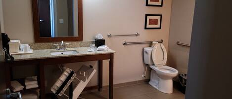 A bathroom with a sink, mirror, toilet, and towel rack.