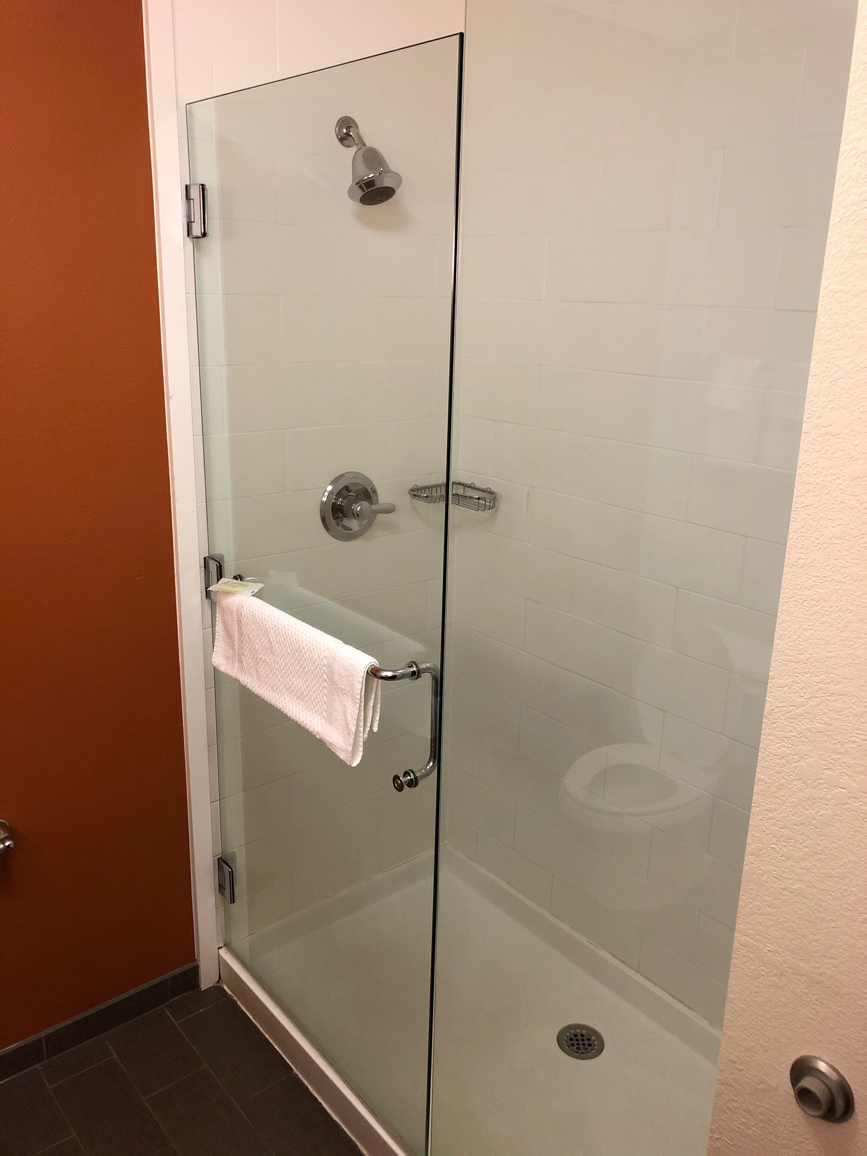 combined shower/bathtub, free toiletries, hair dryer, towels