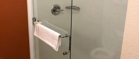 A glass-enclosed shower stall with a towel rack, a handheld showerhead, and a toilet visible through the glass.
