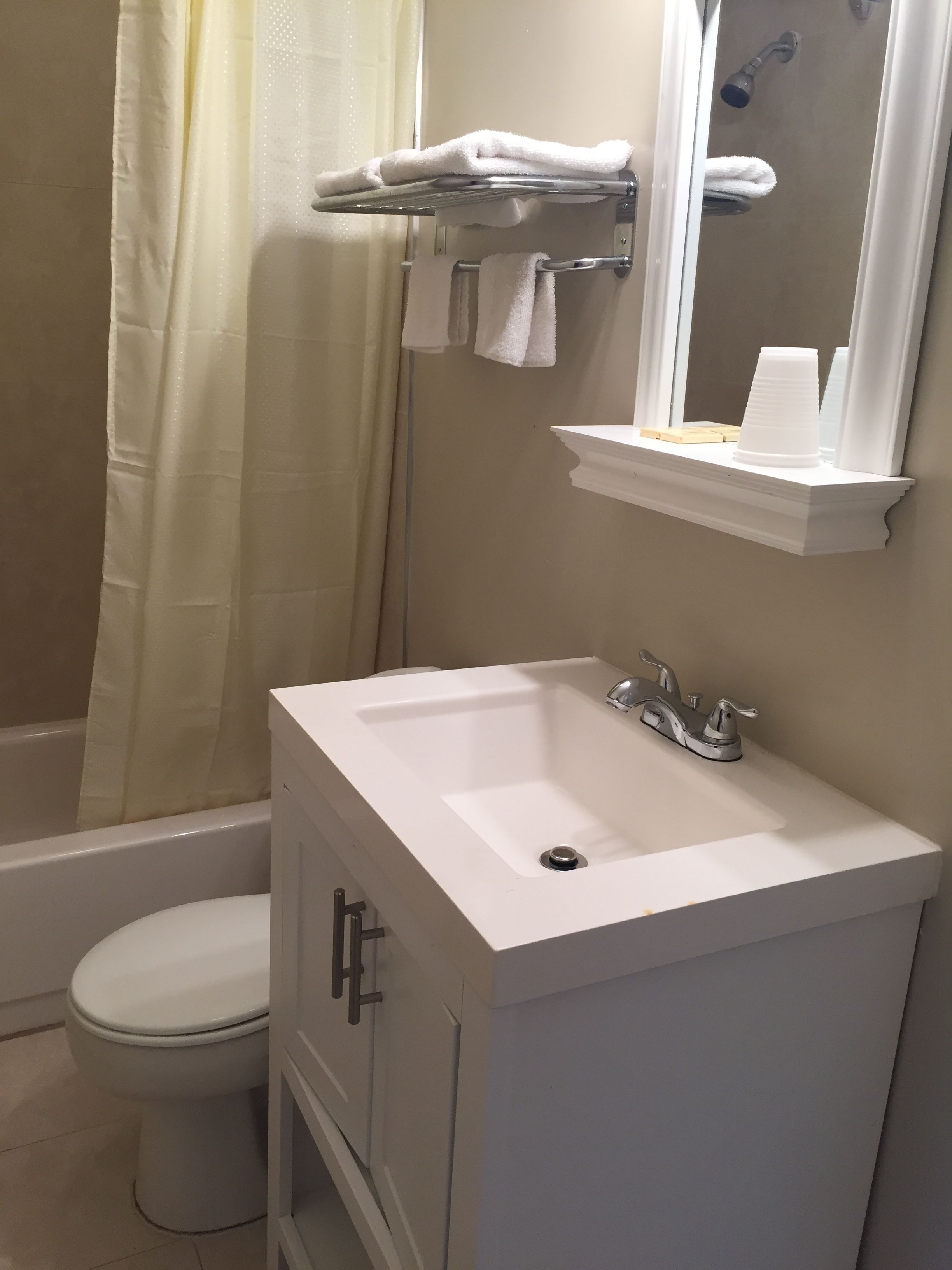 A bathroom with a white sink, a toilet, a shower, and a mirror.