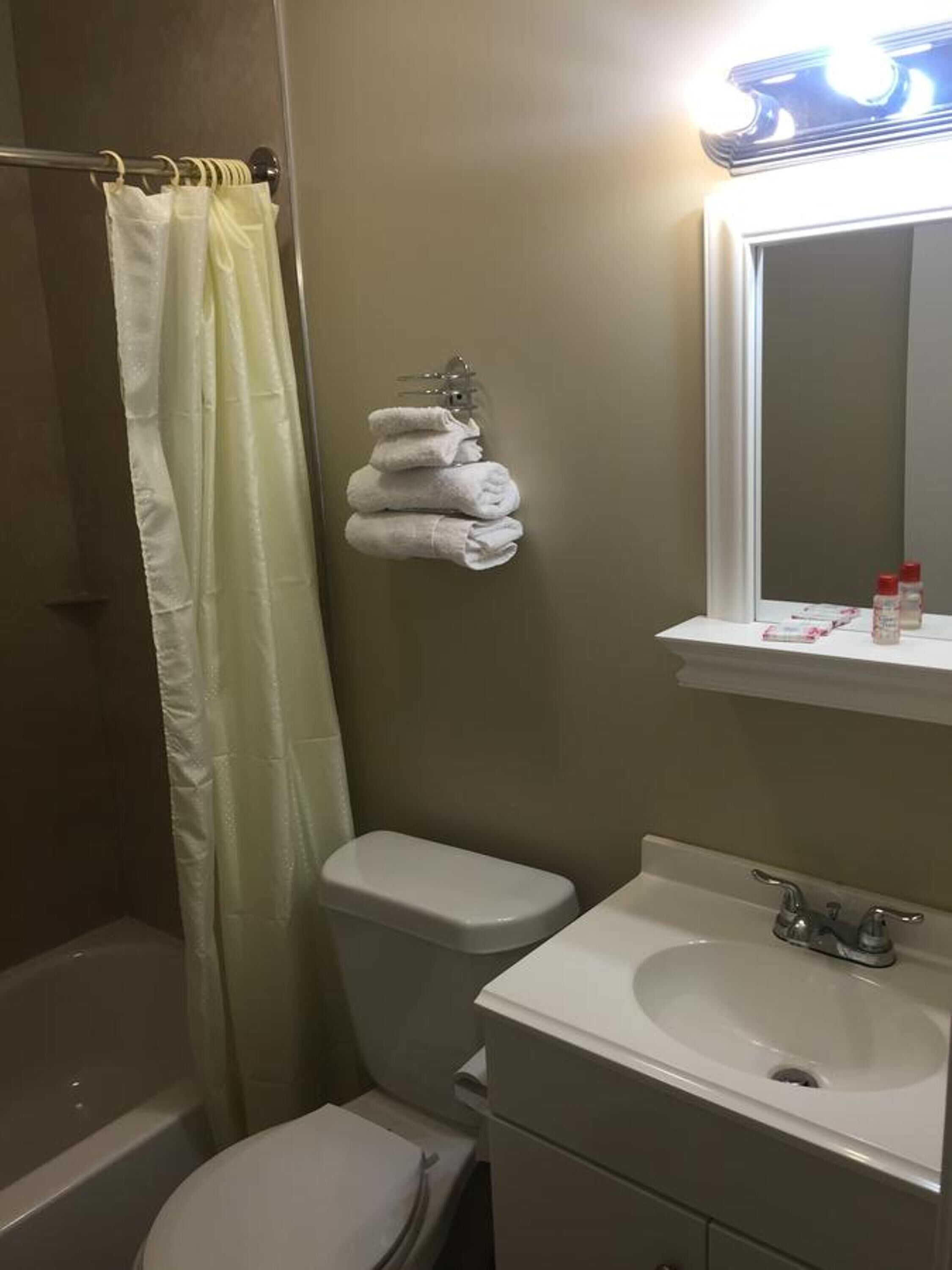 A bathroom with a toilet, sink, and a shower curtain.