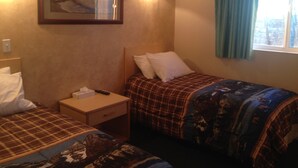 Habitación de hotel con dos camas, una mesita de noche, un espejo y una ventana con cortinas.