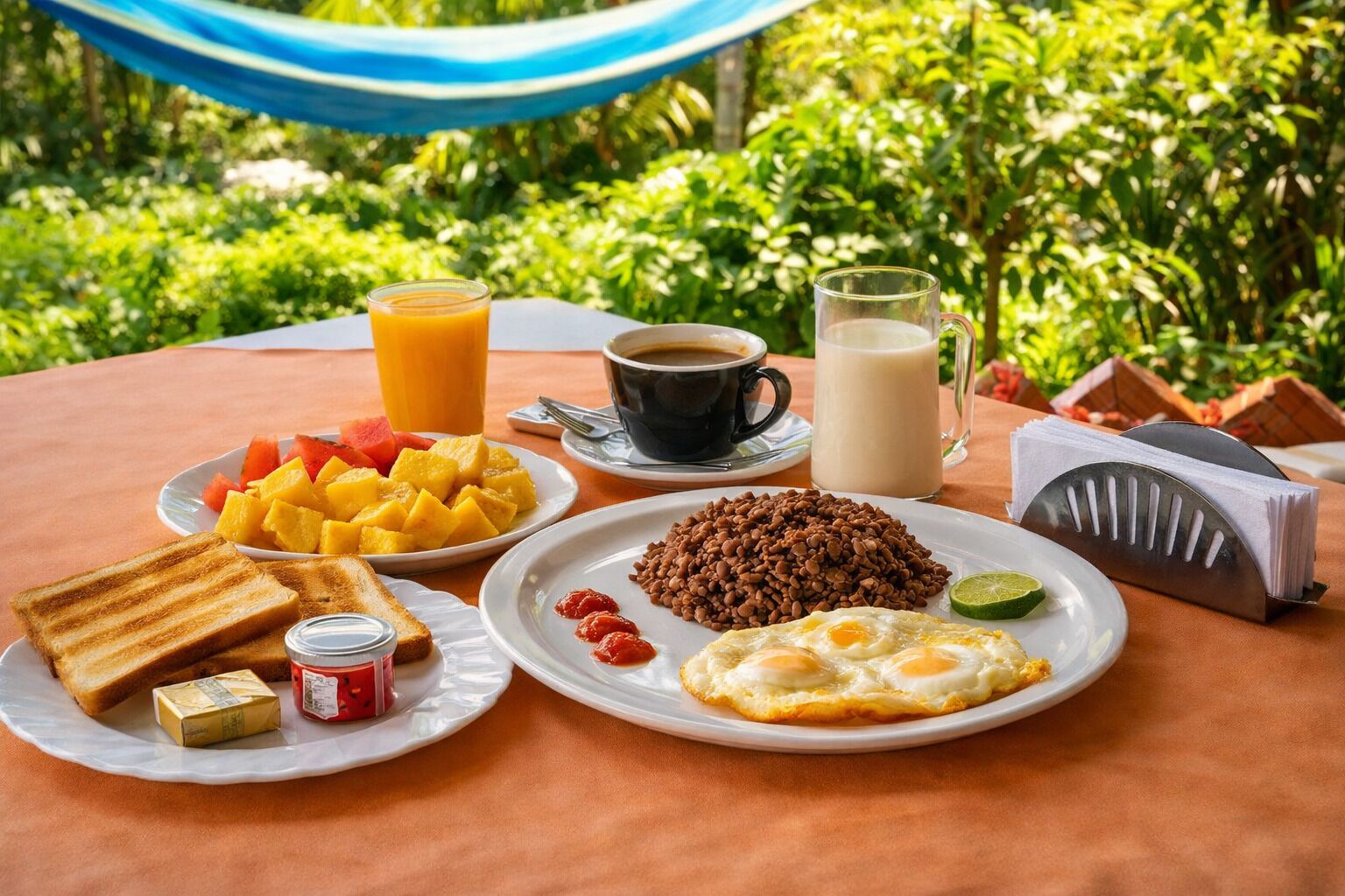 Una mesa de desayuno con tostadas, huevos, frijoles, fruta y bebidas.