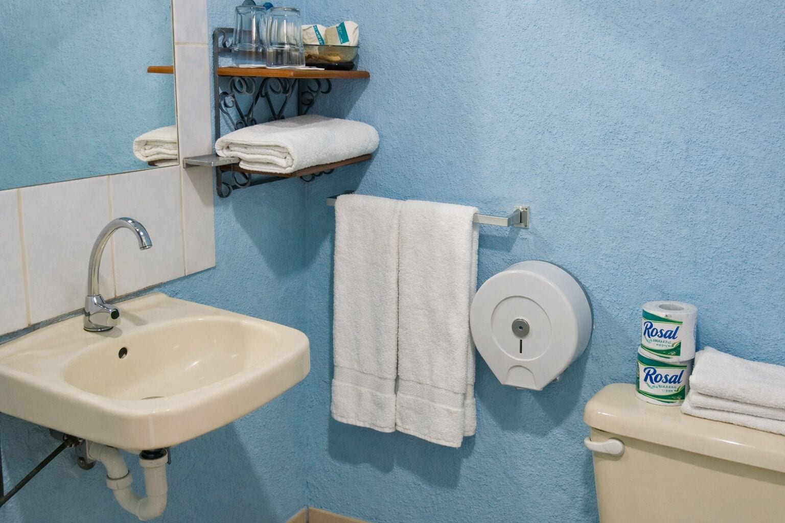 A bathroom with a sink, toilet, and a towel rack.