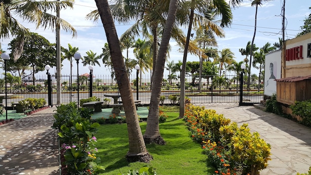 Un hotel con jardín adoquinado, palmeras y vistas a la calle.