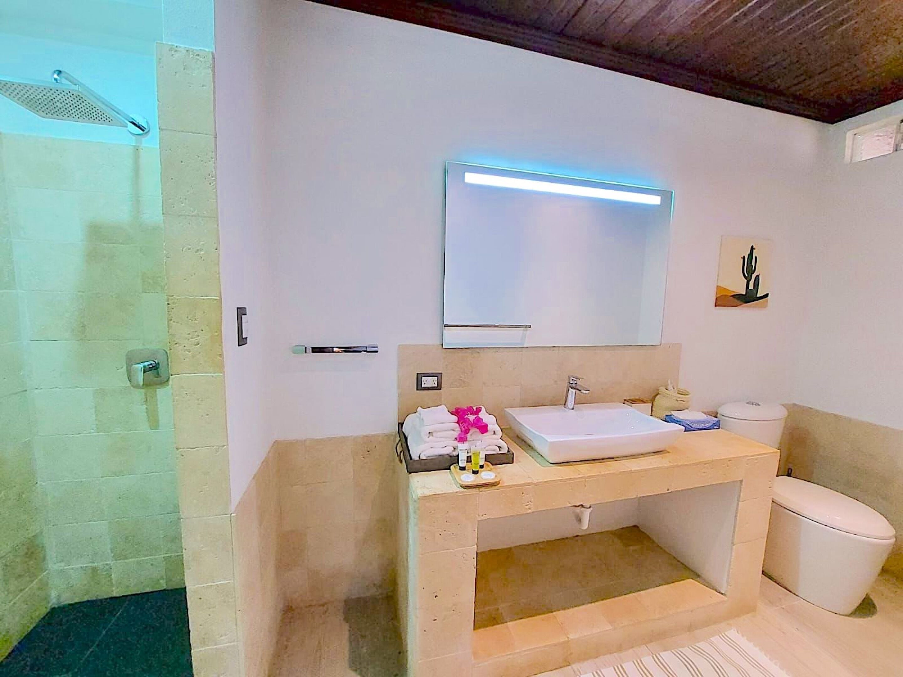 Ein Badezimmer mit Dusche, Waschbecken, Toilette und Spiegel.