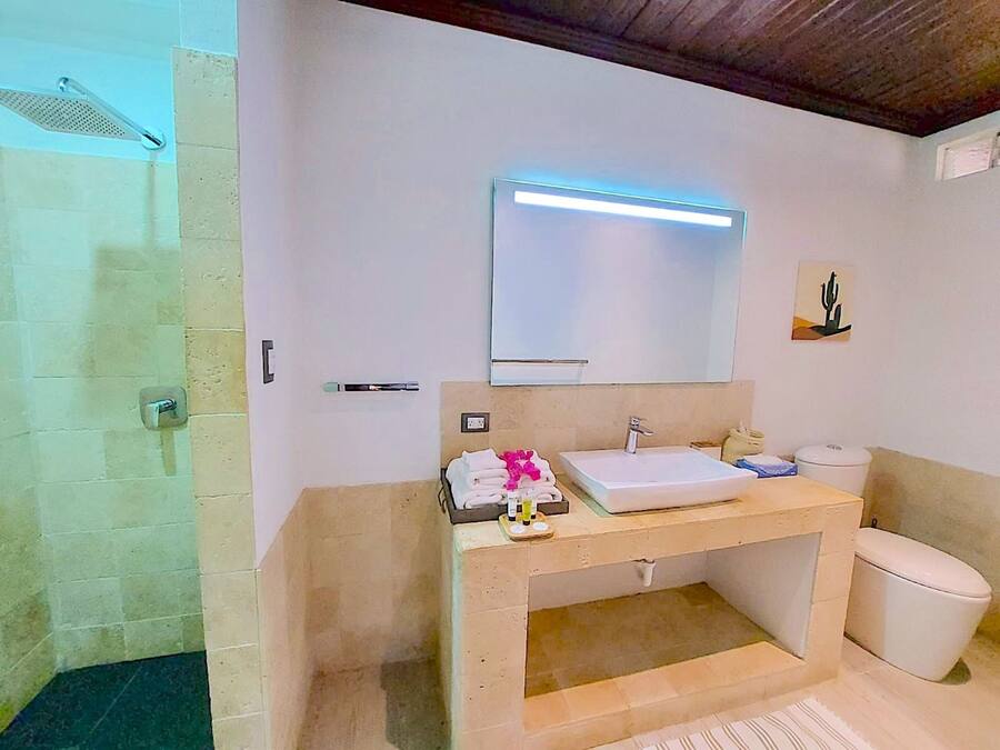 Ein Badezimmer mit Dusche, Waschbecken, Toilette und Spiegel.