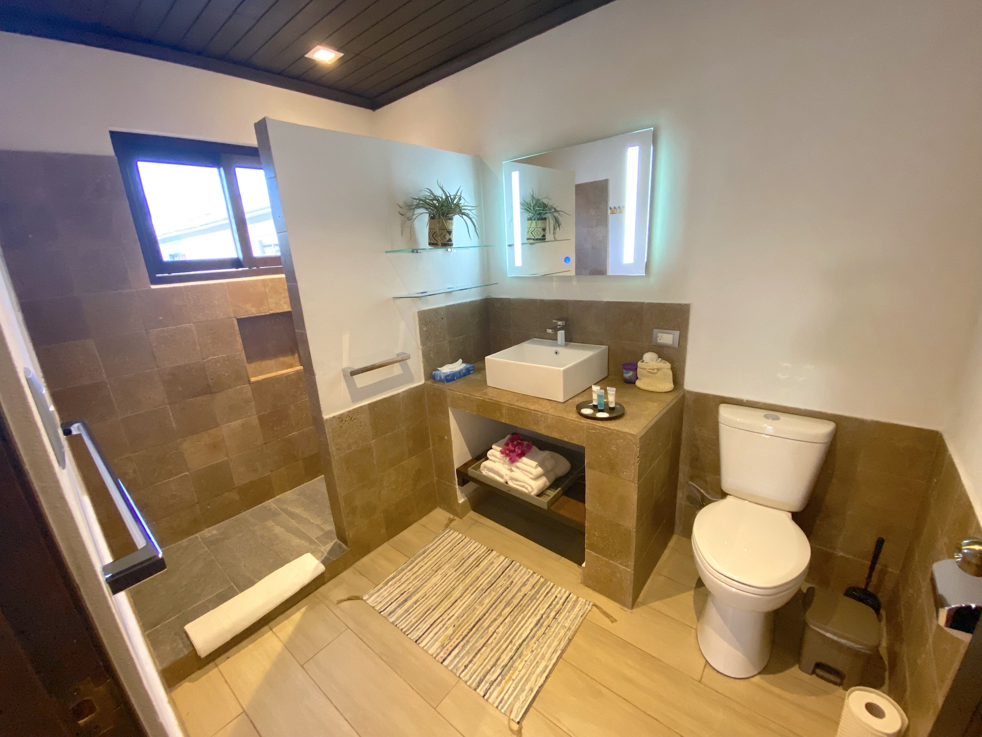 Un baño moderno con ducha, inodoro, lavamanos y espejo.