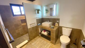 A modern bathroom with a shower, toilet, sink, and a mirror.