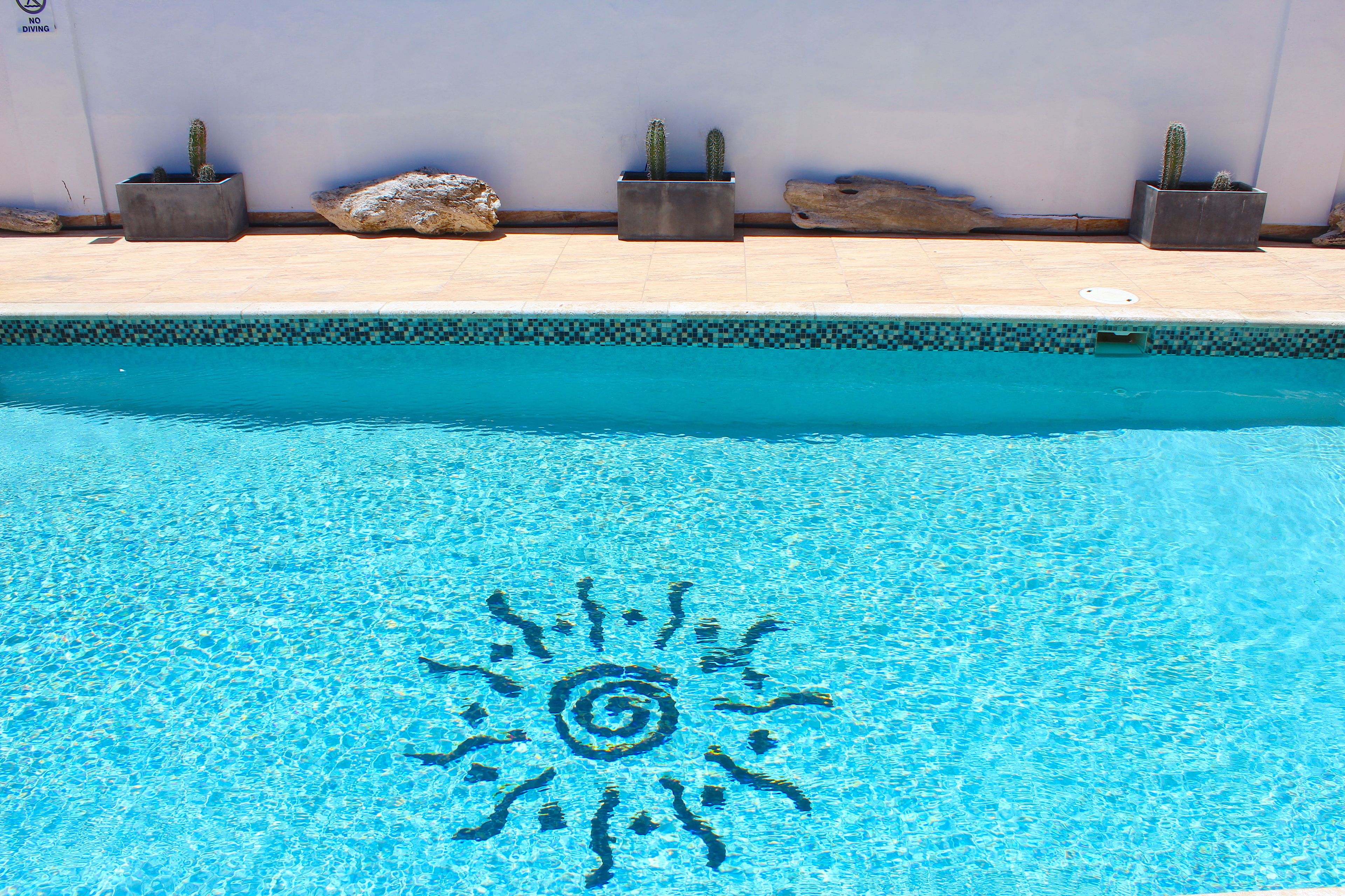 Una piscina con un diseño de sol en el agua, rodeada de rocas y cactus en macetas.