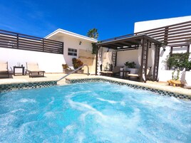 Outdoor pool, open 9:00 AM to 9:00 PM, free cabanas, pool umbrellas