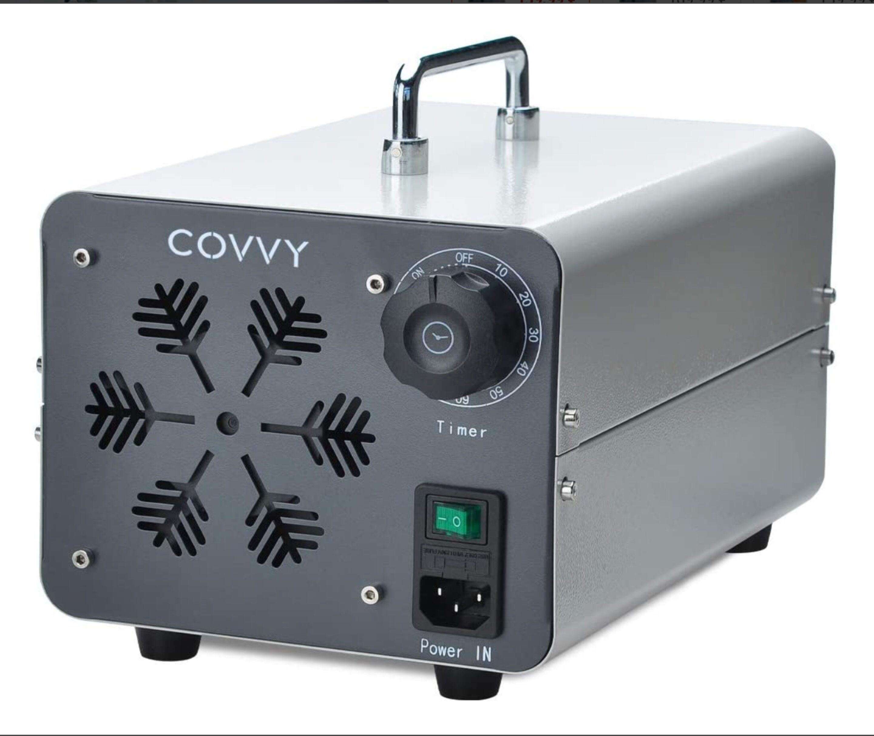 A gray portable heater with a timer dial, a power switch, and a digital display.