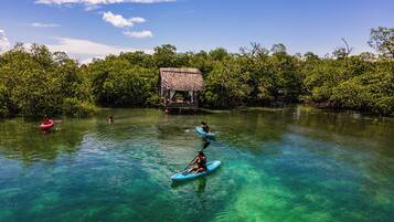 A clear water body surrounded by dense greenery, with a thatched-roof structure and a small dock.