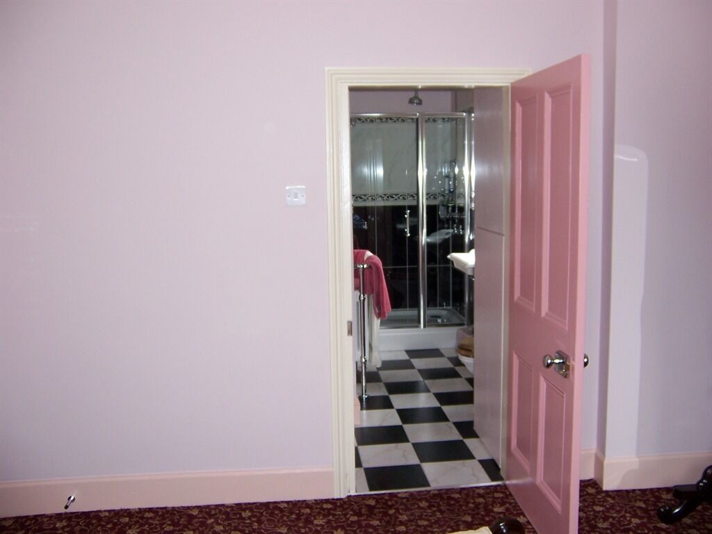 A room with a pink door, a checkered floor, and a shower area visible through the door.