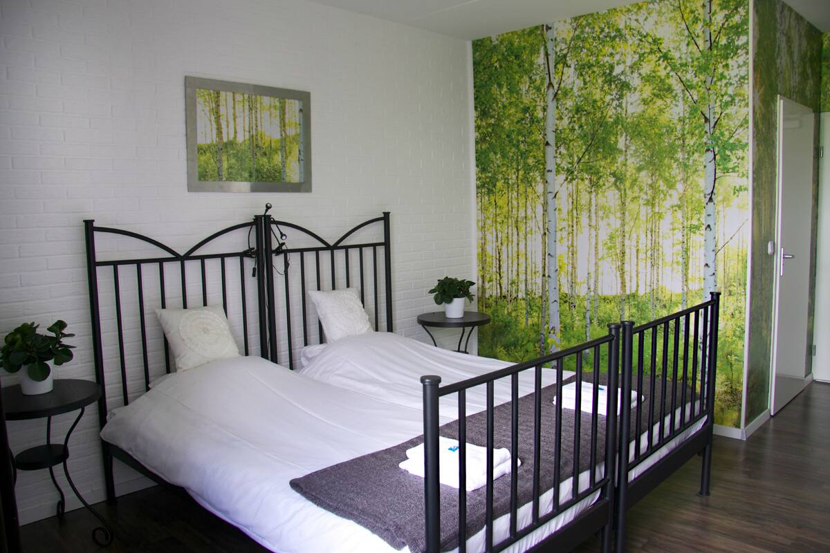 A bedroom with a bed, a small table with a plant, a wall-mounted picture, and a door.