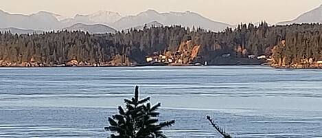 Una vista d'un llac amb muntanyes al fons i una riba forestal.