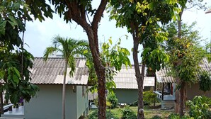 A courtyard with trees, a pathway, and buildings with corrugated metal roofs. - Phupha Bungalow (Ko Pha-ngan)